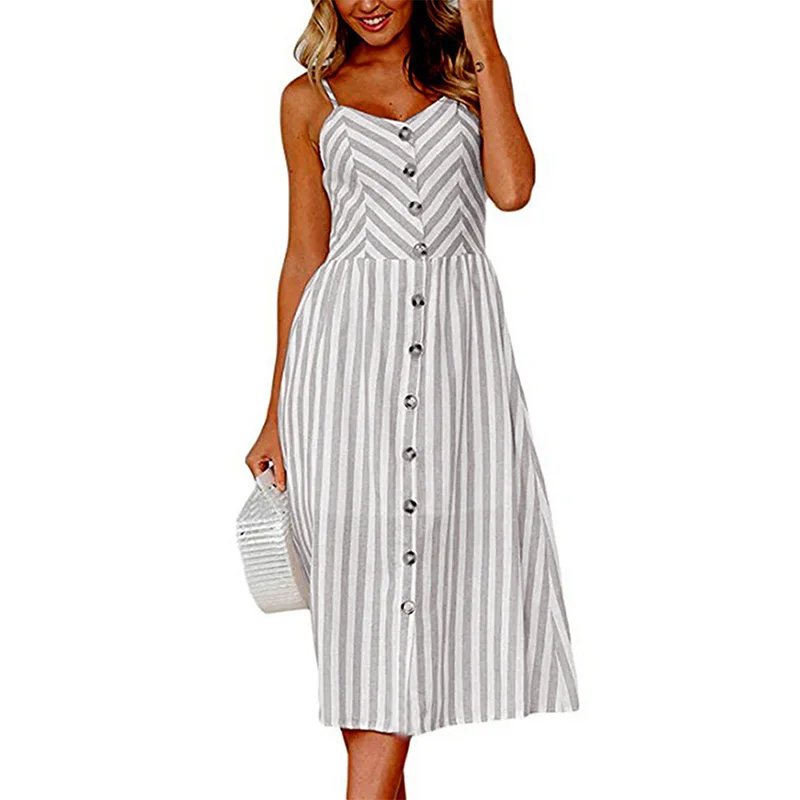 Женское платье Летнее богемное Спагетти ремень на пуговицах свободное Полосатое