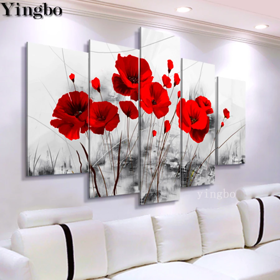 

5d Diamond Painting Full drill Square Round 5pcs Red poppy flower abstract DIY Diamond Embroidery Mosaic Cross stitch Decoration