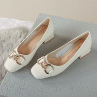 womens chunky heel casual shoes square toe block heel pumps metal buckle spring office lady concise street style white