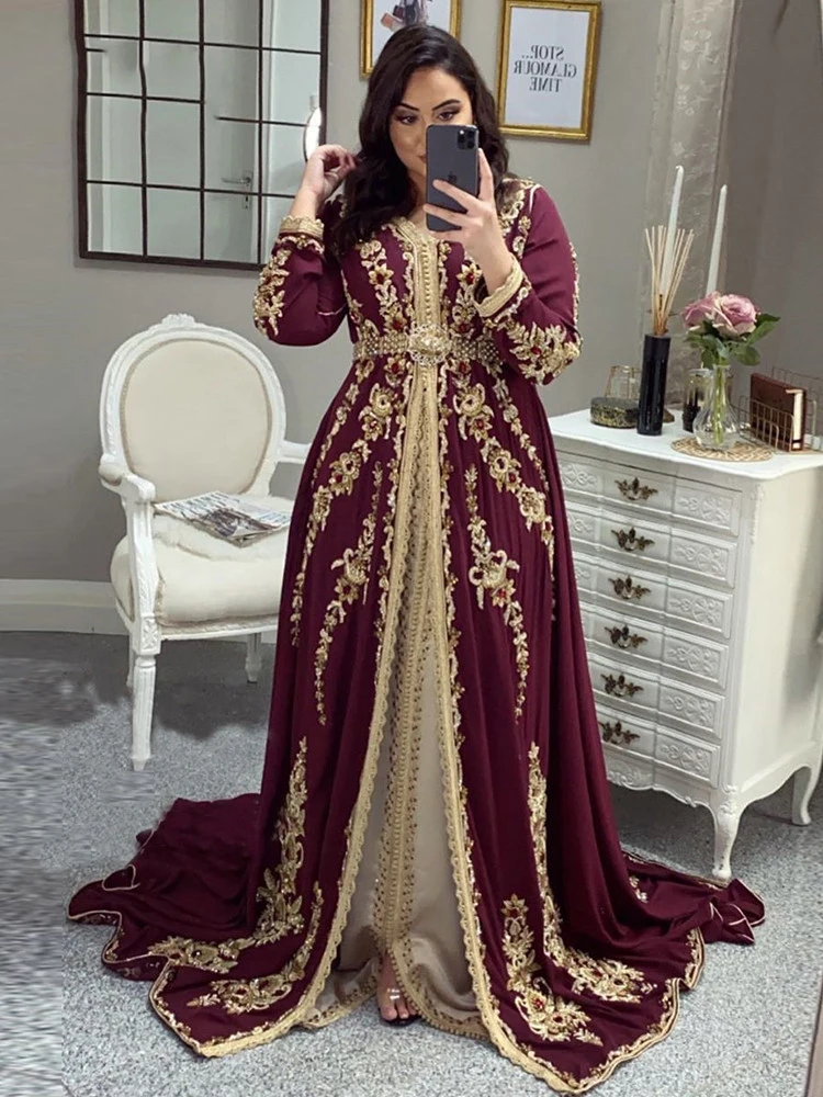 

YFANLYNXCI Moroccan kaftan Evening Dresses Burgundy Embroidery Beading Women Party Wear Formal Gowns Kaftan Dress Plus Size