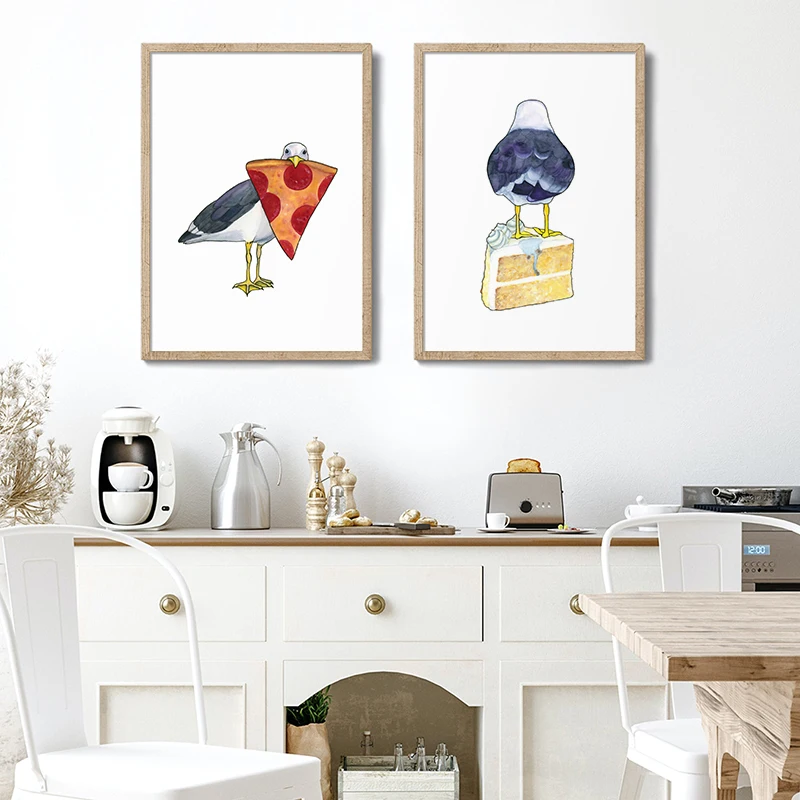 Чайка с пиццей торт мороженое акварель забавная кухня настенный художественный