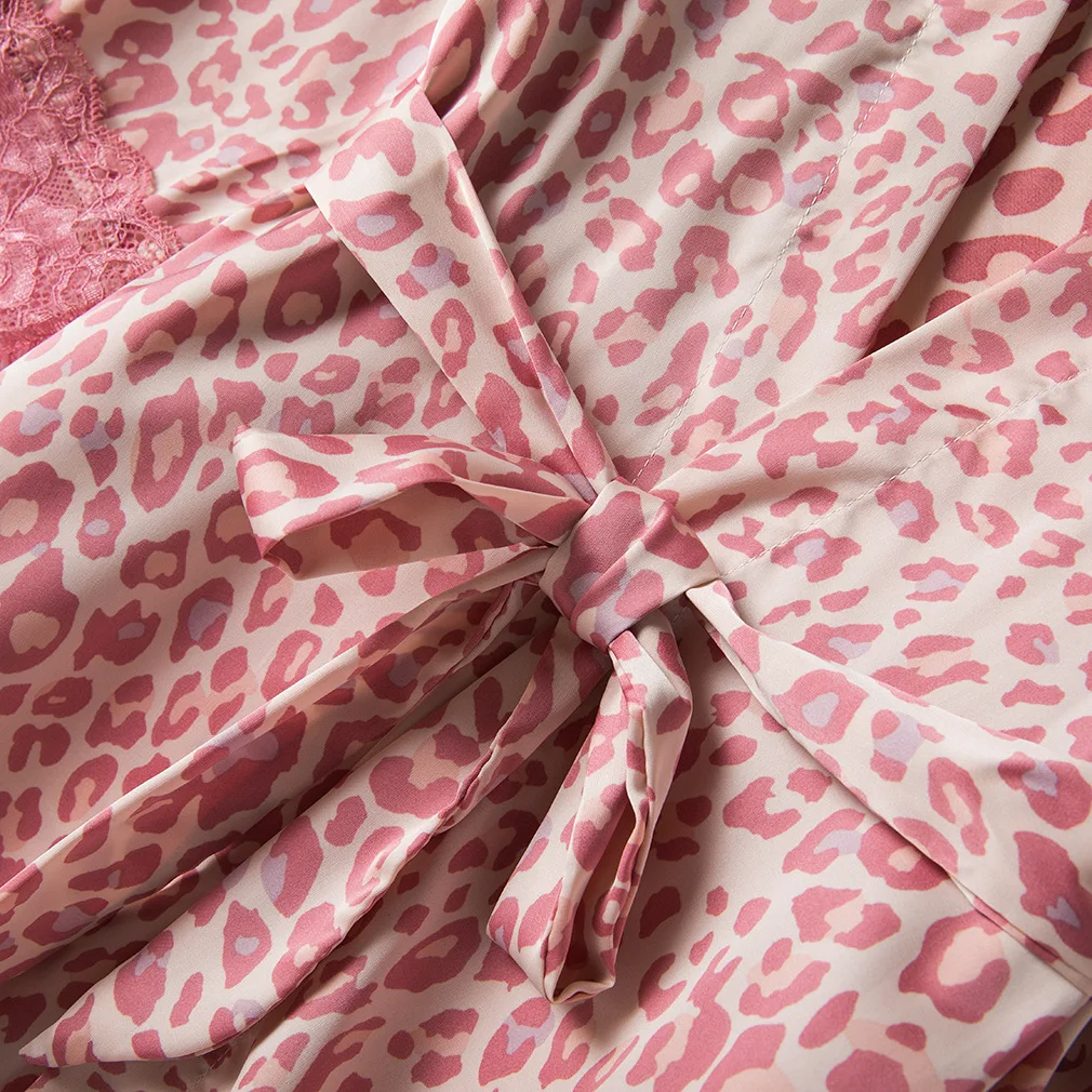 

Leopard Robe Suit Female Sexy Sleepwear Pajamas Nightwear Silky Nightgown Loose Kimono Bathrobe Gown Lace Home Clothes