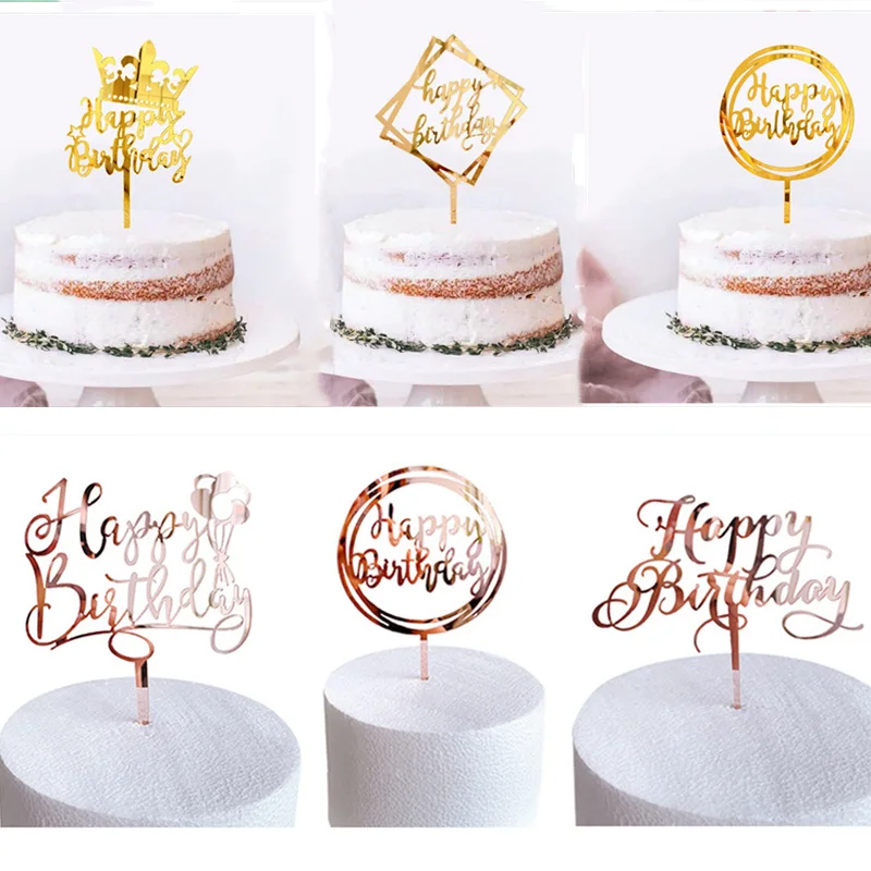 

ins Kids balloon Happy Birthday Cake Topper Rose Gold Crown Acrylic Cake Topper For Baby shower Birthday party Cake Decorations