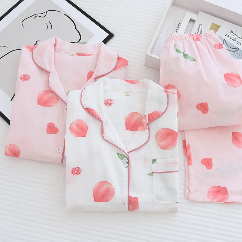 Spring/summer New Pajamas Set Women Pure Cotton Gauze Long Sleeve Peaches Pajamas Set for Ladies Soft Thin Comfortable Home Wear