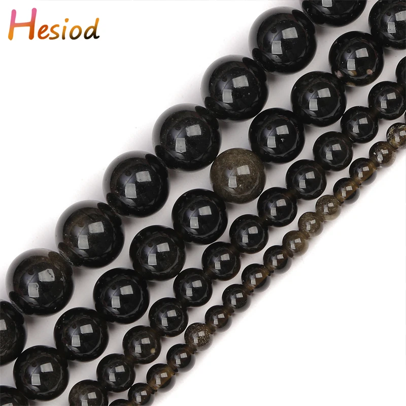 

Heisod 4/6/8/10mm Natural Gold Obsidian Stone Beads Round for DIY Bracelet Accessories Jewellery Making