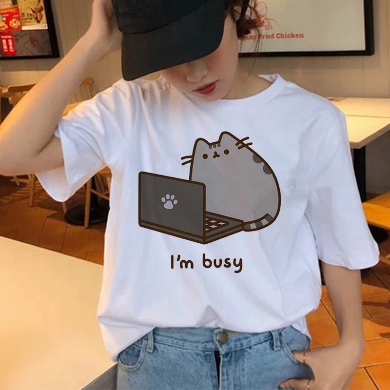Женские футболки с кошкой Harajuku Забавные героями мультфильмов милые Ullzang 90s