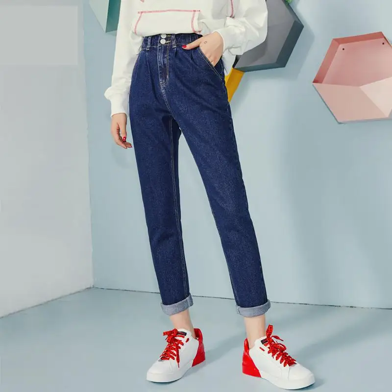 Джинсы для женщин с высокой талией размера плюс две кнопки полная длина на молнии