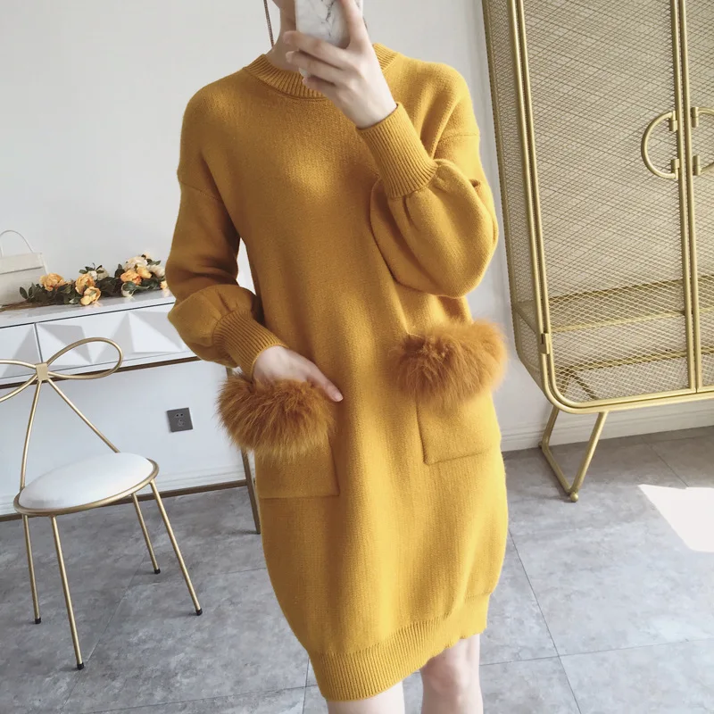 Long Knitted Sweater Dress Loose Long-sleeved Women's Faux Fur Rabbit Hair Double Pockets Pullover Tops | Женская одежда