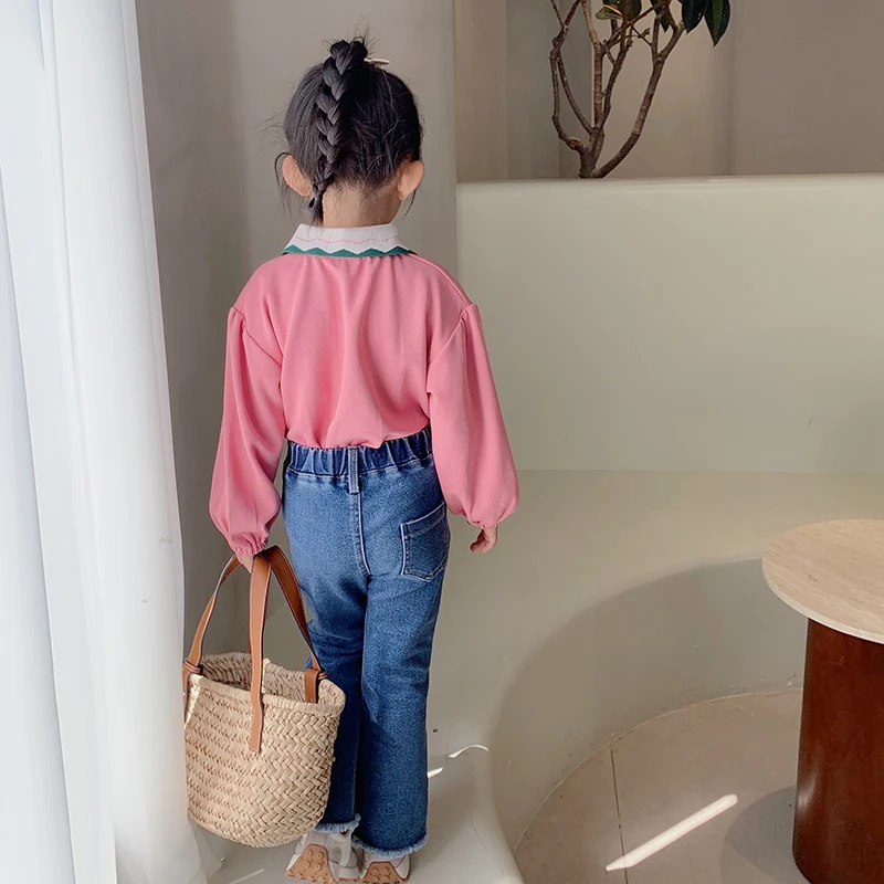 MILA CHOU 2021 Autumn Baby Girls Cotton Polo Collar All-match Full Sleeve T-shirt Kids Children Pullover Pink Tops Tee 2-8Y