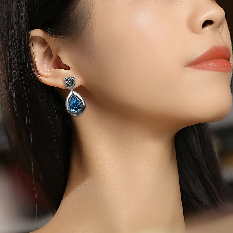 И Резные длинные синие Кристальные серьги женские продвинутые чувство тайские