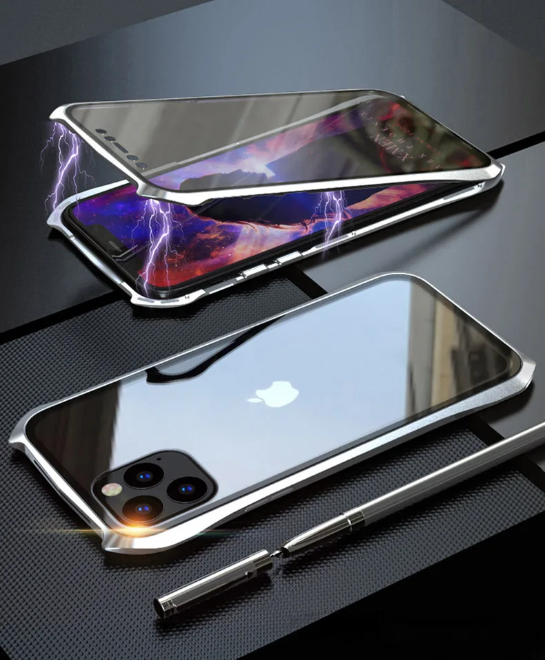 silver Двухсторонний задний+ передний стеклянный Магнитный чехол для Apple iPhone 11 Pro Max Роскошный Алюминиевый металлический бампер 360 Защитный чехол с петлей - Цвет: silver