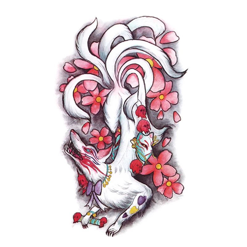 Водостойкая временная татуировка на руку с большими цветами девять хвостов лиса