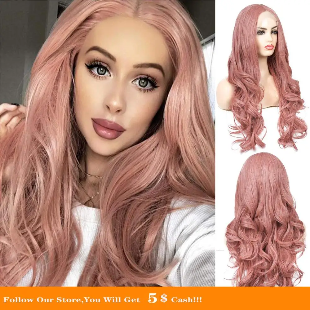 13x4 темно розовый парик на сетке спереди длинный волнистый синтетический