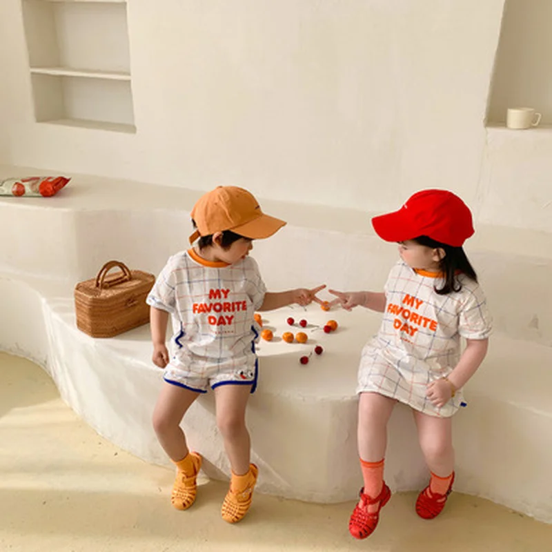 

2021 children's clothing new boys and children short-sleeved T-shirt tops shorts girls dress suit
