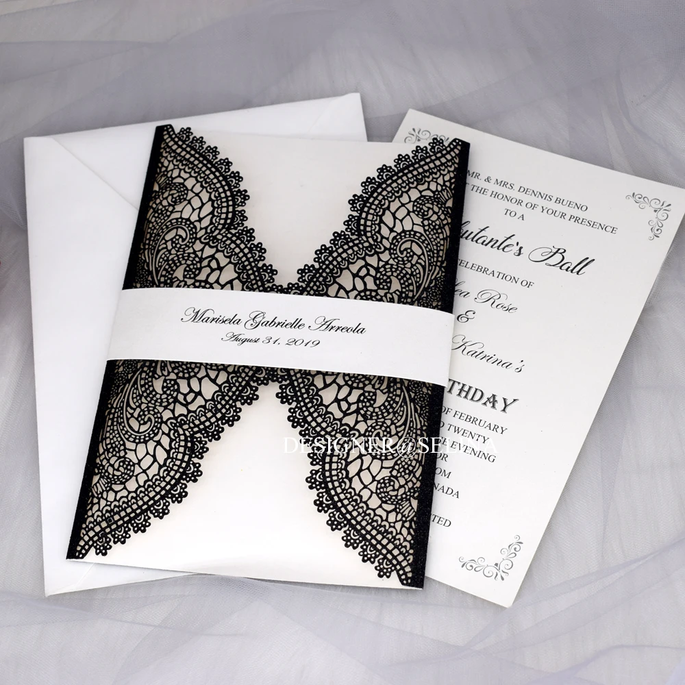 Кружевные свадебные приглашения с лентой для живота цвета слоновой кости черная