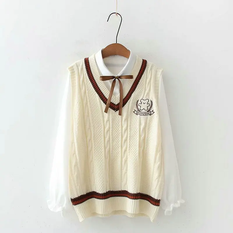 2 Piece Set Women Color Matching V-Neck Letter Cartoon Bear Embroidery Knitted Vest + Neckline Tie White Shirt 2011773