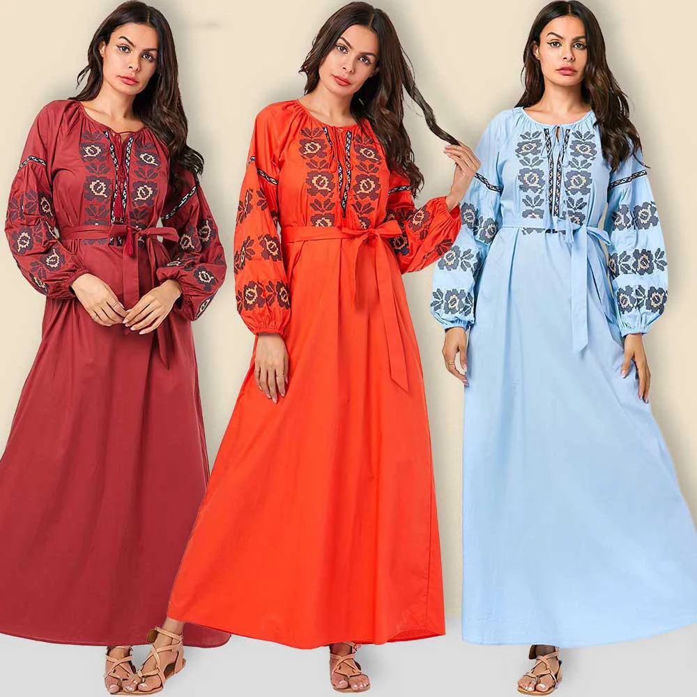 Мусульманское платье абайя женское с пышными рукавами на шнуровке цветочный