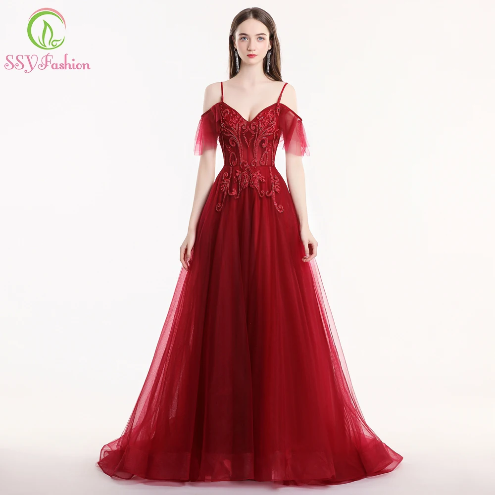 Женское вечернее платье со шлейфом SSYFashion роскошное бальное бордового цвета с