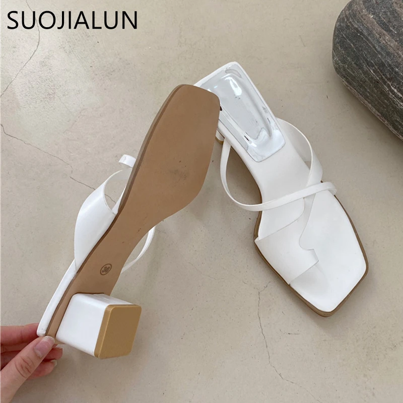 

SUOJIALUN 2021 Summer Slippers Square Low Heels Slides Ladies Green Casual Outdoor Beach Sandal Shoes Open Toe Slip On Flip Flop