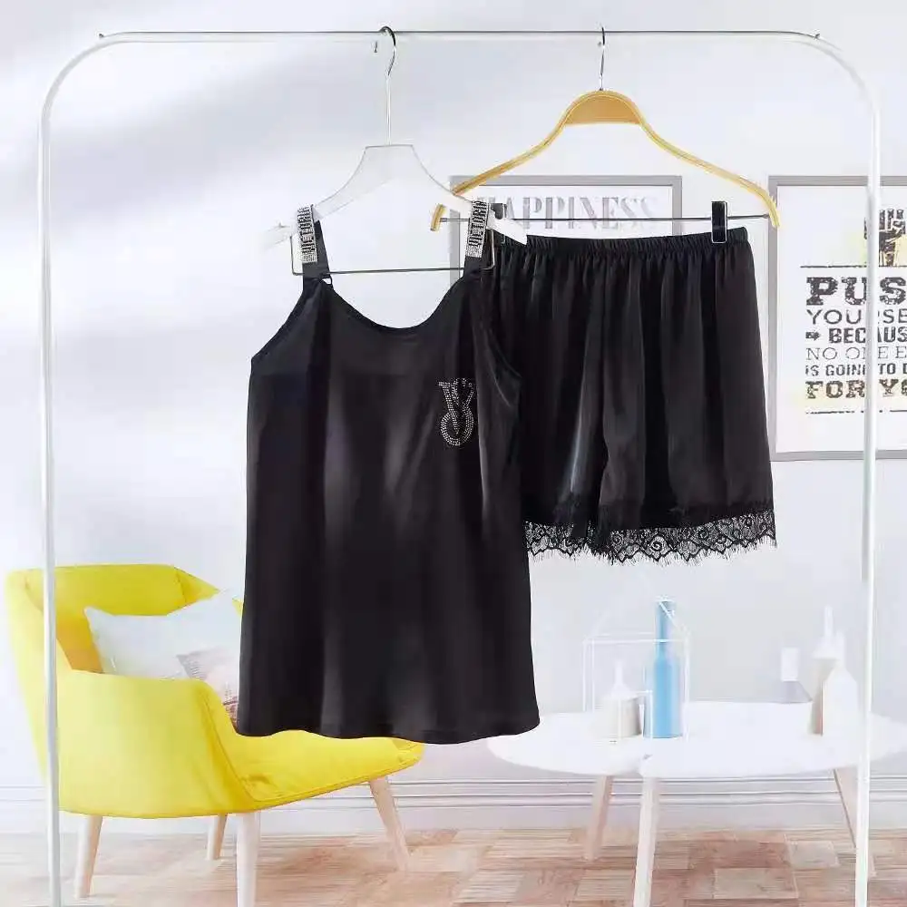 

2021 Sexy Pajamas Suit High Quality Sexy Underwear Women's Fashion Lace Diamond Letter Sling Shorts Rhinestone Shoulder Strap