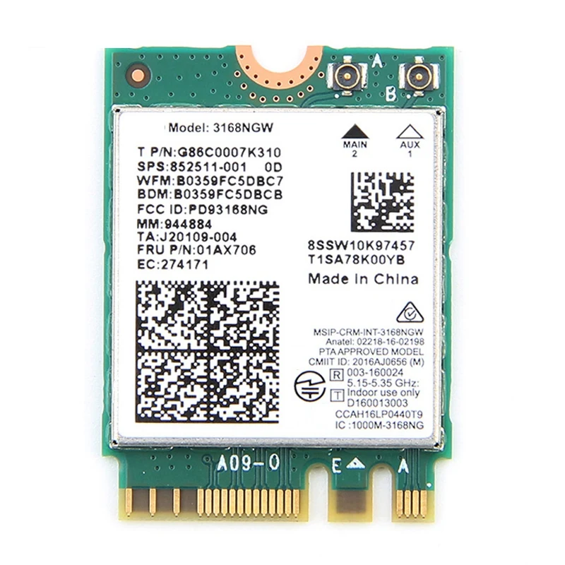 

Двухдиапазонная беспроводная сетевая карта 3168 3168NGW 433 Мбит/с Bluetooth 4,2 802.11Ac NGFF