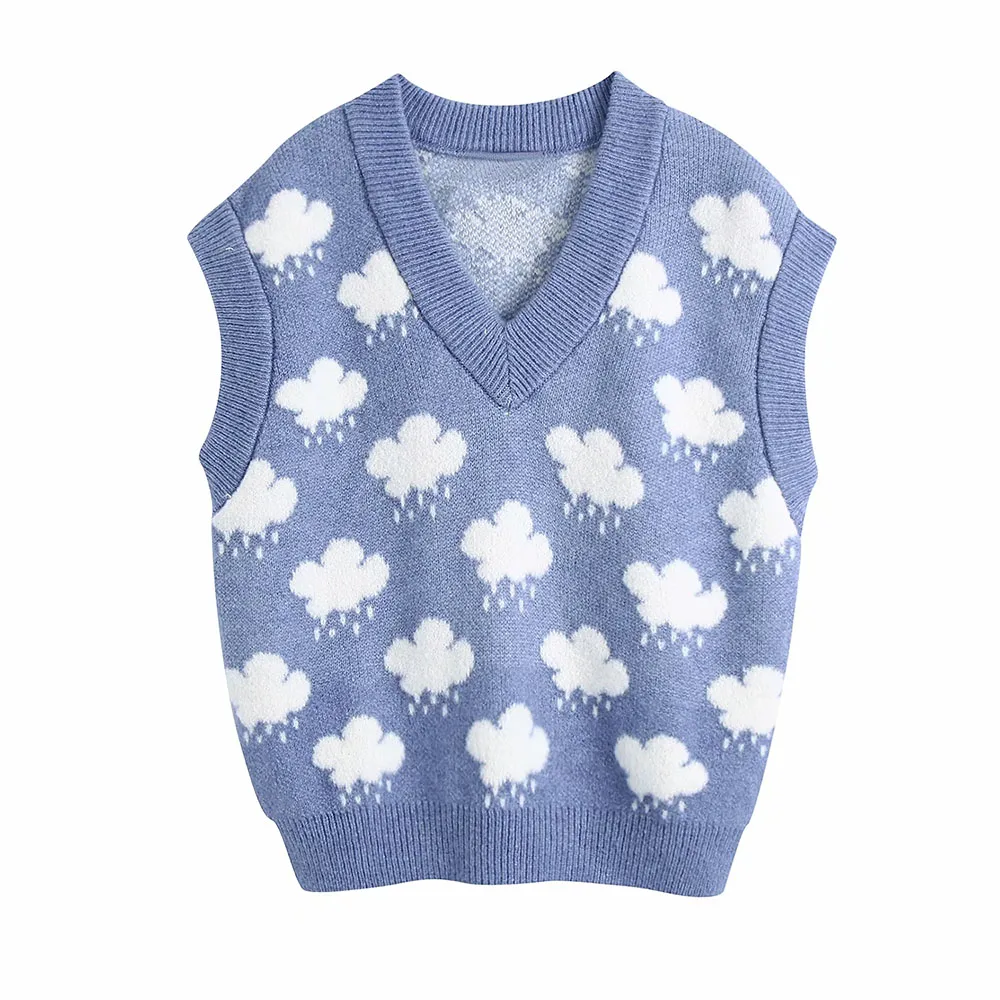 

Sweet V Neck Vintage Cloud Pattern Sweater Vest Women Sleeveless Knitted Crop Sweaters Casual Autumn Preppy Style