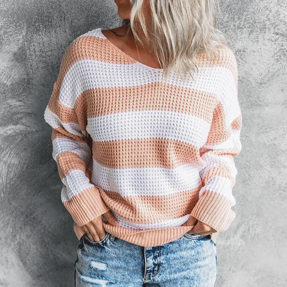 

Women Pullover Sweater Round Neck Knitted Striped Pullover Loose Top Popular