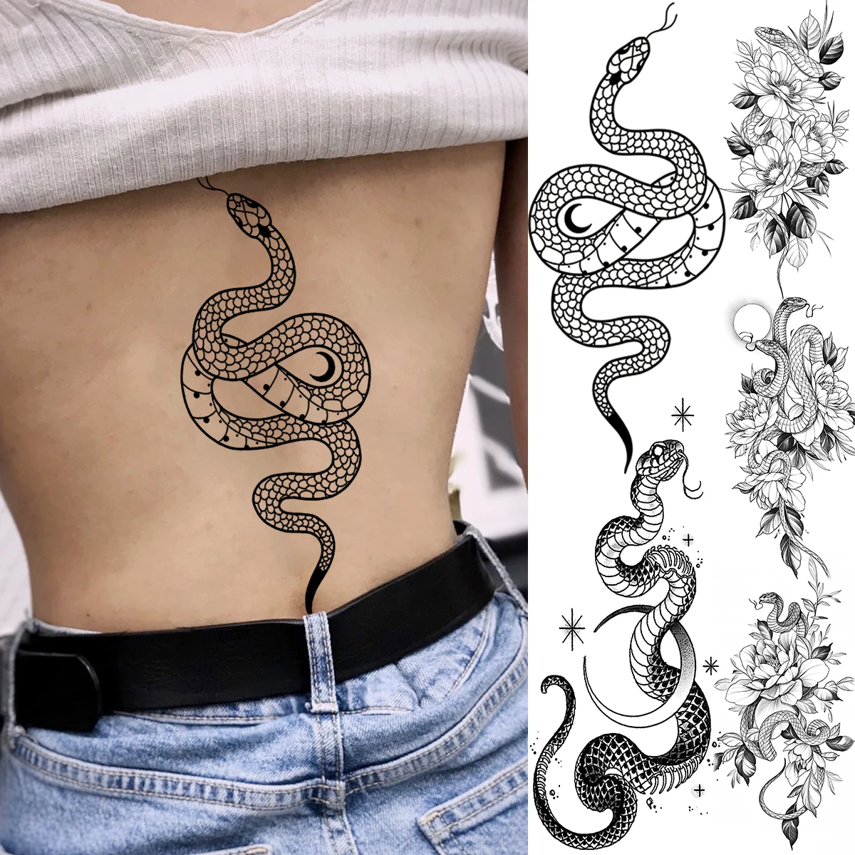 

Черная змея Луна уникальные Временные татуировки на талию для женщин взрослые розы цветы змея искусственная Татуировка боди-арт искусстве...