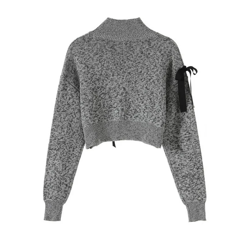 DEAT new autumn and winter fashion women clothes turtleneck lantern sleeves bow embroidery pullover short knits top WJ88202