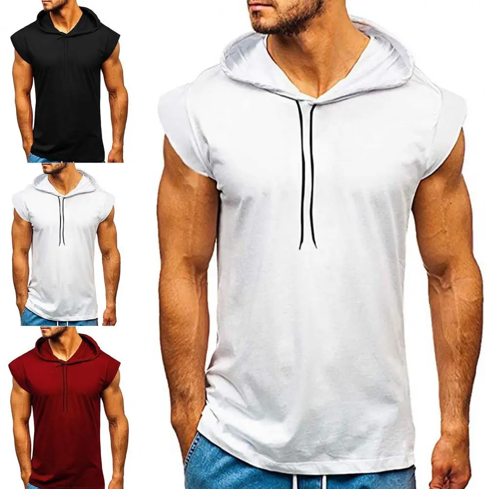 

Vest Men Hooded Solid Color Fitness Sleeveless Breathable Slim Quick-drying Drawstring Bodybuilding Running Vest Pullover Summer