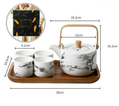 

5-Piece Set Nordic Ceramic Marble Pattern Teapot Set Tea Cup Teapot Household Kitchen Supplies Free Wooden Tray Kungfu Tea Set