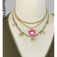 new pink heart enamel pendant crystal necklaces for women gold color butterfly choker necklaces multilayer wedding party jewelry