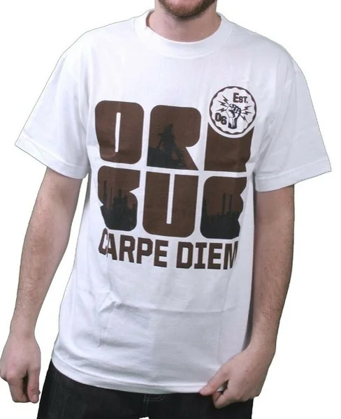 

Orisue Mens White Brown Black Carpe Diem Union Working Industry T-Shirt NWT