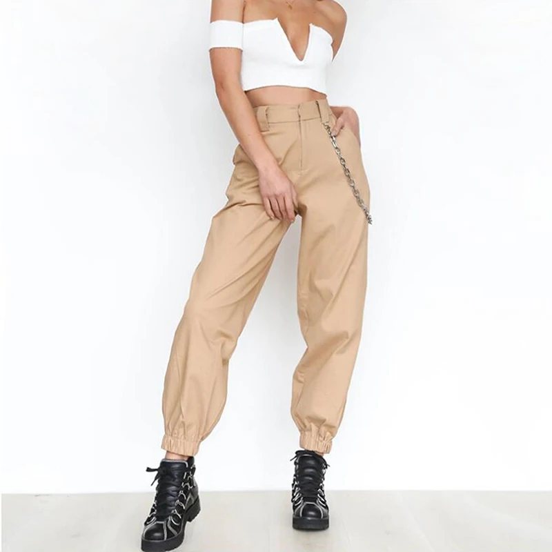 

Spring Vintage Women Chain Black Cargo Pants Women High Waist Pants Joggers Baggy Trousers Streetwear