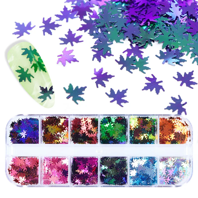 

Autumn and Winter Christmas Nail Art Sequins 12 Grids/box Chameleon Red Maple Leaf Sequins Laser Color Leaf Decoration Nail Art