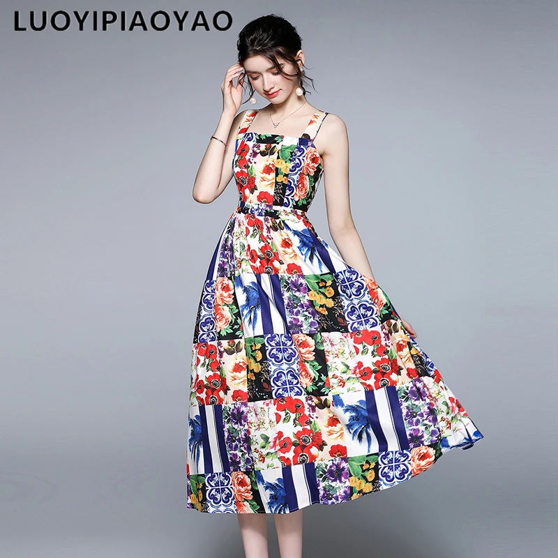 

2021 Summer Women'sFashion Spaghetti Strap Beach Dress Square Collar Floral Print Backless Holiday Elegant Party Midi Dress