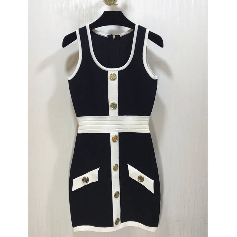 

Women's Knitted Vest Mini Dress Sleeveless Single Breasted High Waist Back Zipper Sexy Package Hip Dresses vintage
