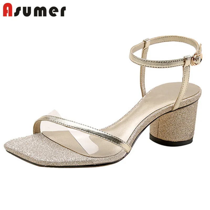 

Asumer 2021 Hot Sale High Heels Sandals Women Genuine Leather Footwear Ankle Buckle Summer Solid Colors Party Shoes Ladies