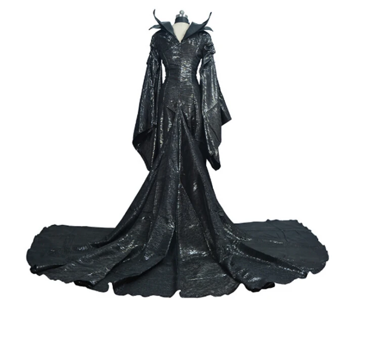 Черный длинный кожаный плащ Maleficent для взрослых, Женский карнавальный костюм на Хэллоуин, костюм Ангелина, плащ ведьмы для косплея, платье+ рога