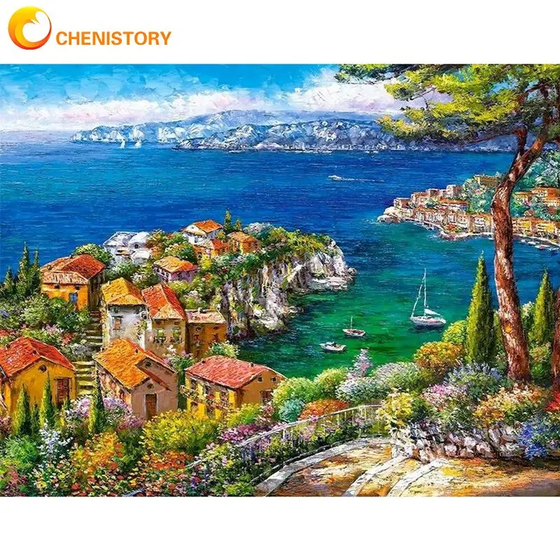 

CHENISTORY Frame DIY Oil Painting By Numbers For Adults Landscape Paint On Canvas Home Decors 60x75cm Wall Artwork Seaside Gift