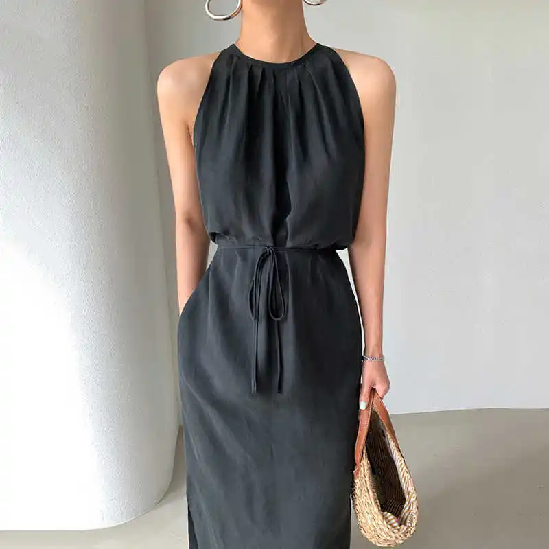

[EWQ] Korea Chic Casual Trend Women New O Neck Strapless Lace-up Fashion Simple Slit Sleeveless Sling Dress Summer 2021 16E1910