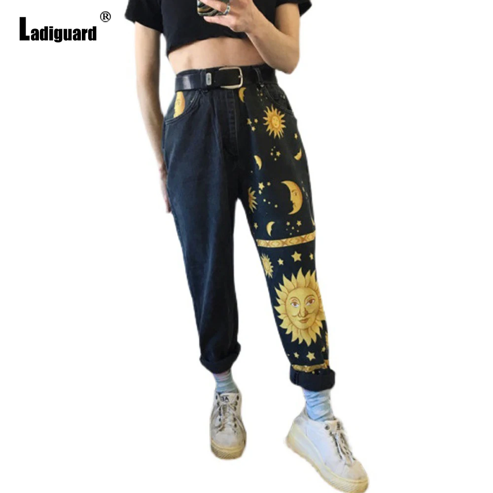 Ladiguard Women Night 3D Printed Jeans High Waist Trouser Straight Leg Denim Pants Vintage Jean Bottom Vaqueros Mujer 2021