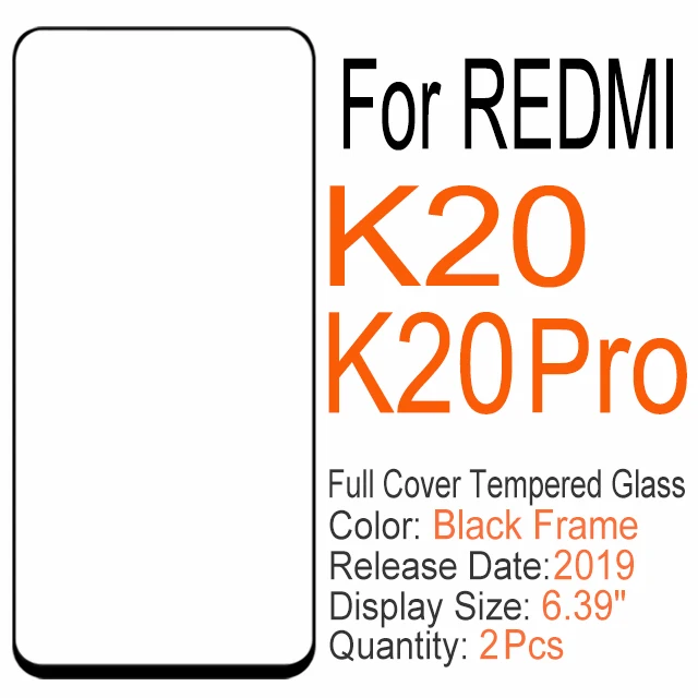 K20 (K20 Pro) Black 2 шт полное покрытие из закаленного стекла для Xiaomi redmi 6 6A 7 7A K20 Note 6 7 Pro, Защитное стекло для экрана для redmi S2 GO Y3 - Цвет: K20 (K20 Pro) Black