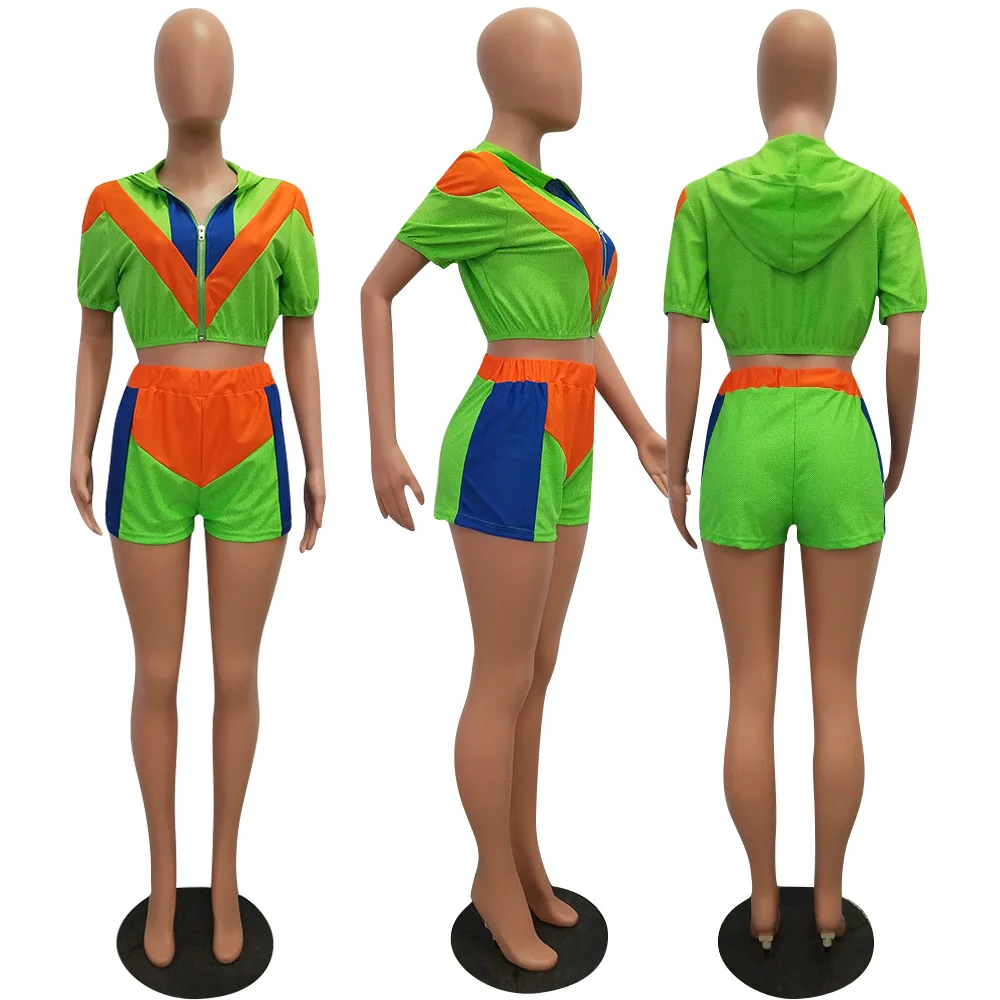 Летний женский комплект из двух предметов короткий рукав на молнии укороченный