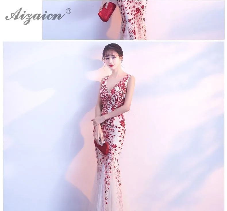 V-образным вырезом прозрачные вечерние платья в блестках Cheongsam Китай длинное вечернее платье Qi Pao женское китайское свадебное платье Qipao Русалка