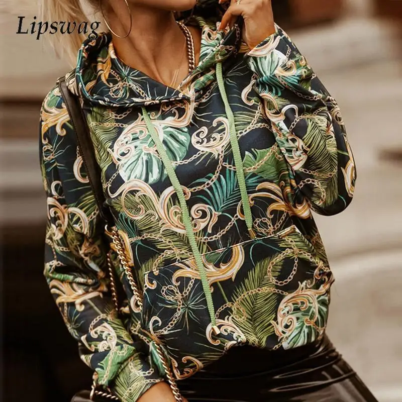 

Autumn Pocket Loose Hoodies Casual Patchwork Pattern Print Pullover Tops Women Fashion Long Sleeve Hooded Sweatshirts Streetwear