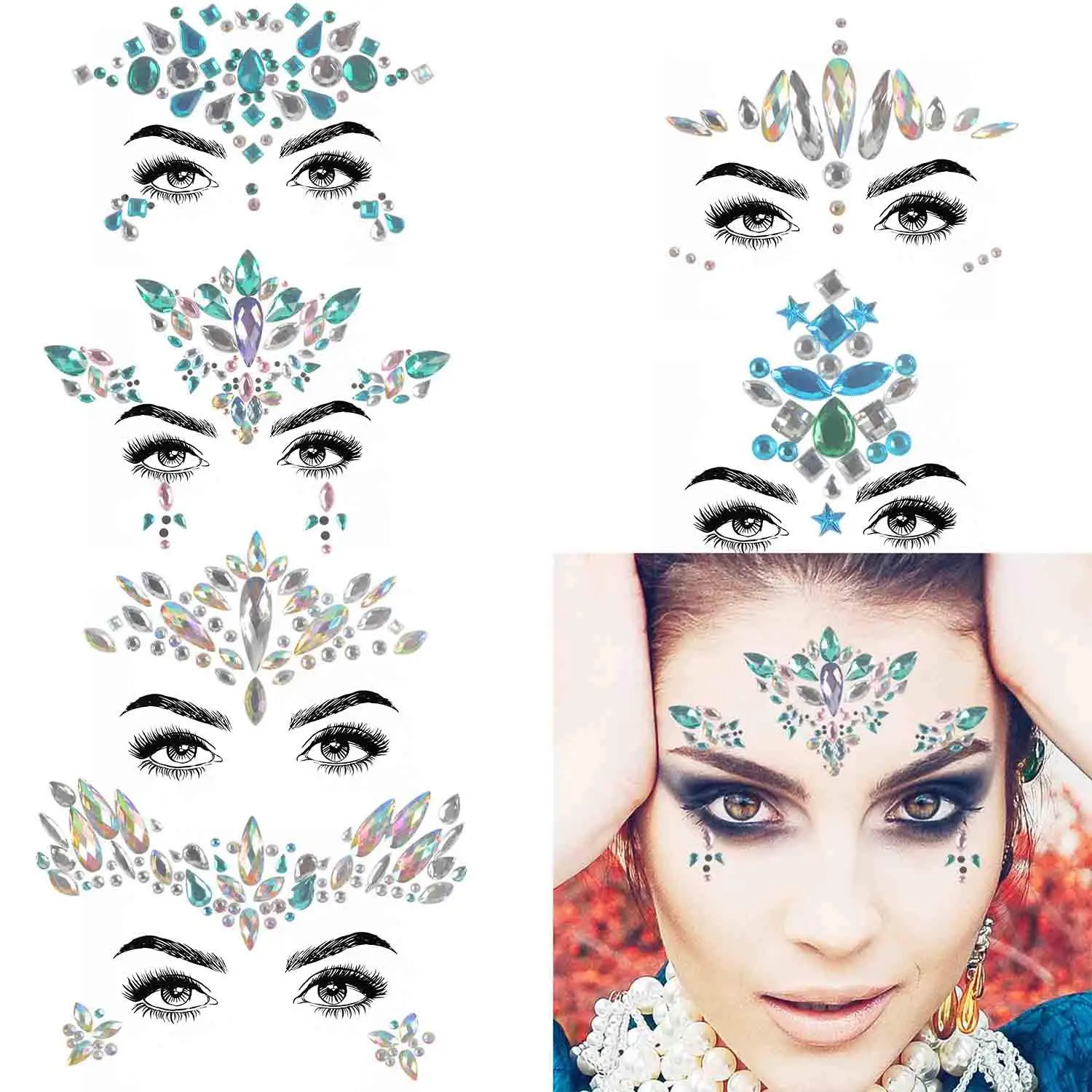 

6 Sets Rhinestone Mermaid Face Jewels Tattoo BODY STICKERS Crystal Tears Gem Stones Bindi Temporary Stickers