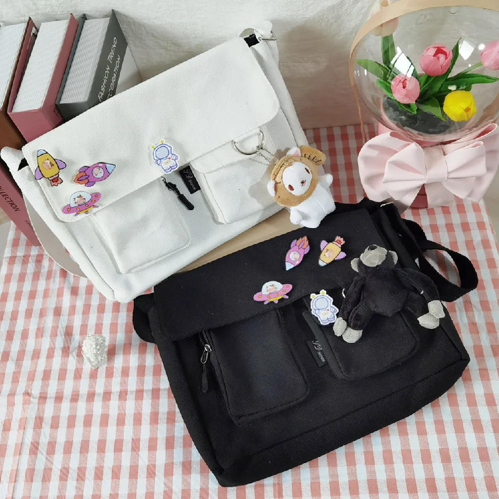 Women Shoulder Messenger Bag Outer Space Cartoon Cattle Badge Women Canvas Bag Student Bag High Capacity Cute Spaceship Rocket