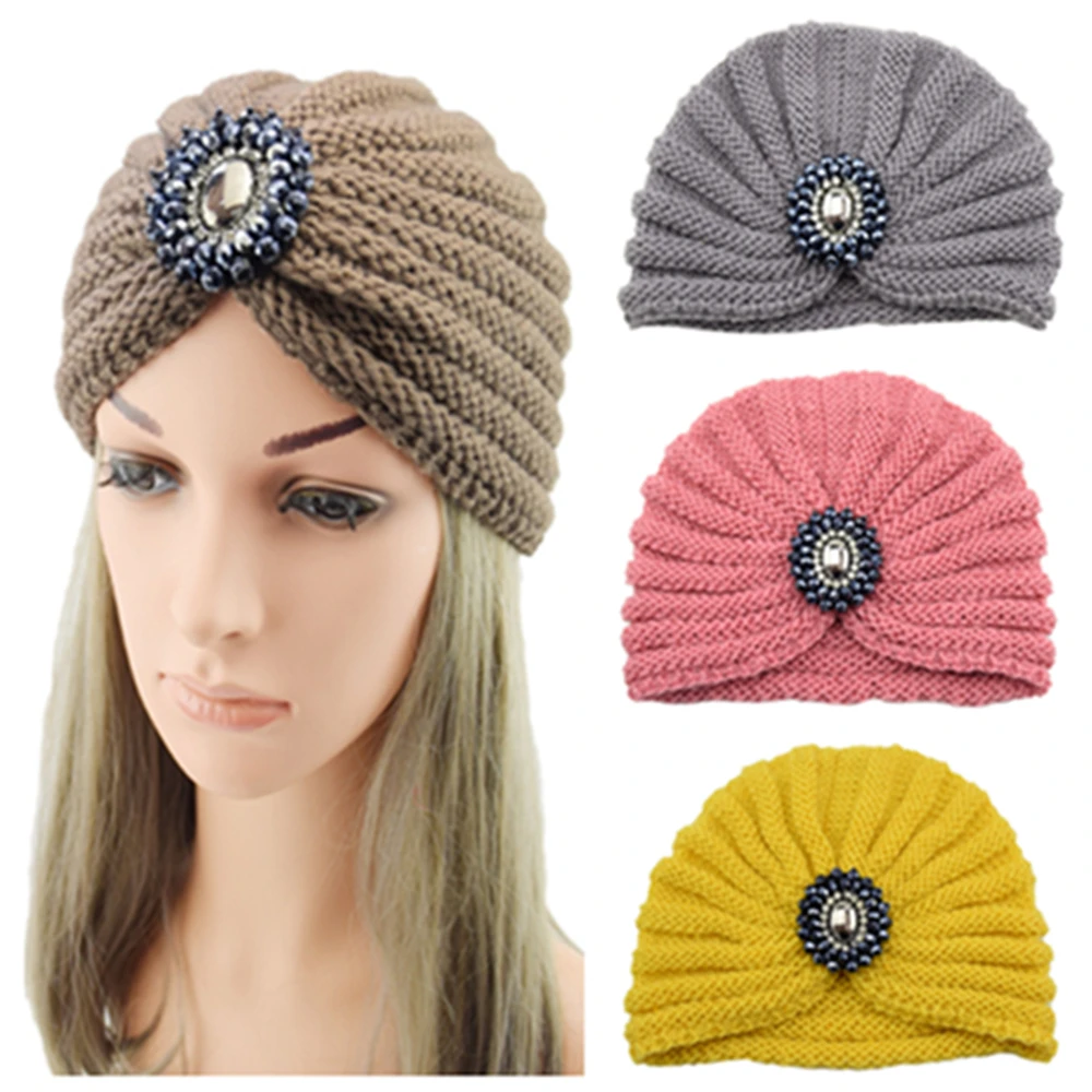 

Women Bohemian Style Warm Winter Autumn knitted Cap Fashion Boho Soft Hair Accessories Turban Solid Color female Muslim hat