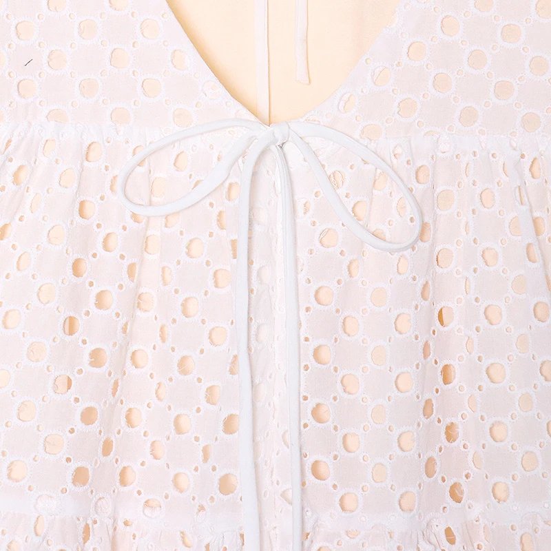 

SISPELL Hollow Out Women's Dress Back Hollow Out Puff Short Sleeve High Waist Slimmin Lace Up Bowknot For Female Dresses Tide